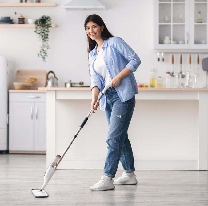 Full,Body,Length,Of,Cheerful,Casual,Woman,Washing,Hardwood,Laminate